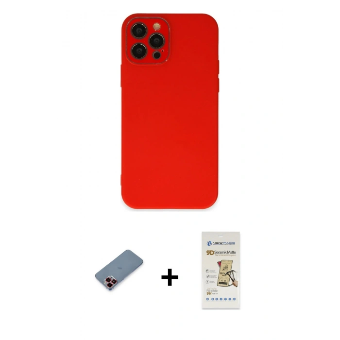 MARSİLYAN™- iPhone 12 Pro Max Kılıf Çekirdek Modern Serisi - Siyah Mat Seramik Nano Ekran Koruyucu + Kırmızı Metal Kamera Lens Koruma Cam