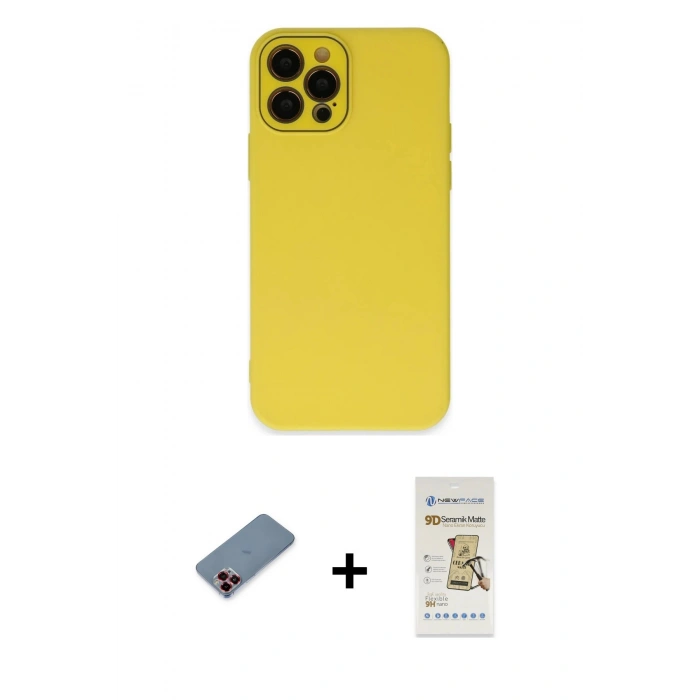 MARSİLYAN™- iPhone 12 Pro Max Kılıf Çekirdek Modern Serisi - Siyah Mat Seramik Nano Ekran Koruyucu + Kırmızı Metal Kamera Lens Koruma Cam