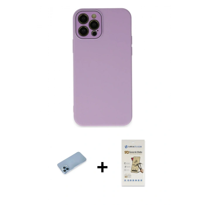 MARSİLYAN™- iPhone 12 Pro Max Kılıf Çekirdek Modern Serisi - Siyah Mat Seramik Nano Ekran Koruyucu + Shine Kamera Lens Koruma Cam - MI