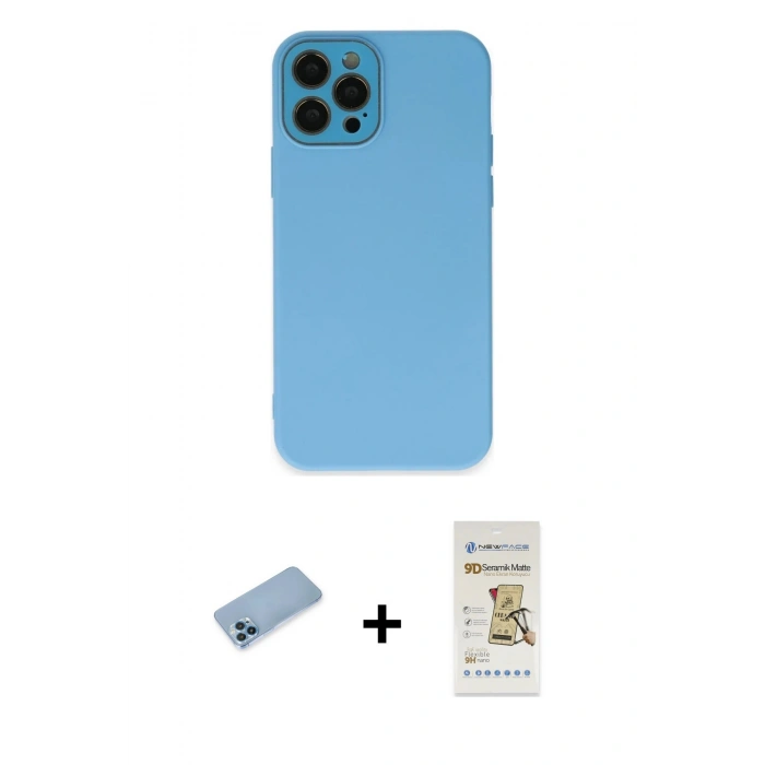 MARSİLYAN™- iPhone 12 Pro Max Kılıf Çekirdek Modern Serisi - Siyah Mat Seramik Nano Ekran Koruyucu + Shine Kamera Lens Koruma Cam - MI