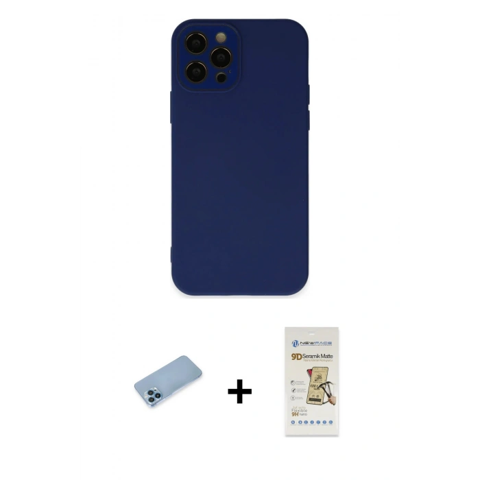 MARSİLYAN™- iPhone 12 Pro Max Kılıf Çekirdek Modern Serisi - Siyah Mat Seramik Nano Ekran Koruyucu + Shine Kamera Lens Koruma Cam - MI