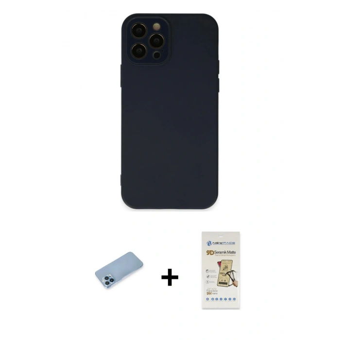 MARSİLYAN™- iPhone 12 Pro Max Kılıf Çekirdek Modern Serisi - Siyah Mat Seramik Nano Ekran Koruyucu + Shine Kamera Lens Koruma Cam - MI