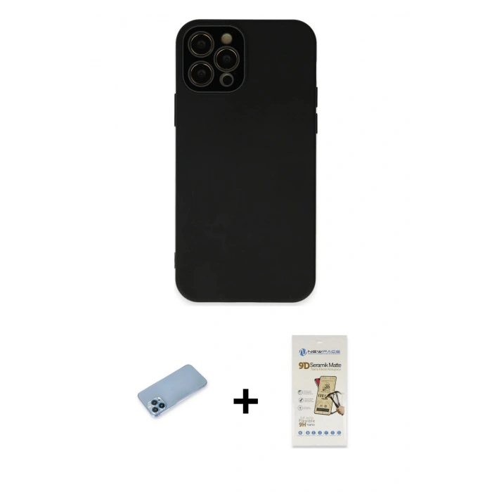 MARSİLYAN™- iPhone 12 Pro Max Kılıf Çekirdek Modern Serisi - Siyah Mat Seramik Nano Ekran Koruyucu + Shine Kamera Lens Koruma Cam - MI