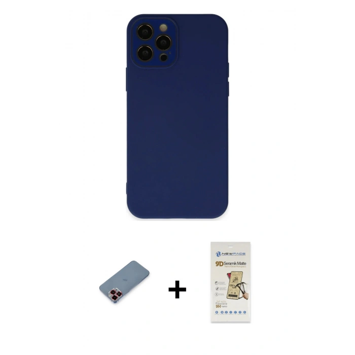 MARSİLYAN™- iPhone 12 Pro Max Kılıf Çekirdek Modern Serisi - Siyah Mat Seramik Nano Ekran Koruyucu + Metal Kamera Lens Koruma Cam - KI