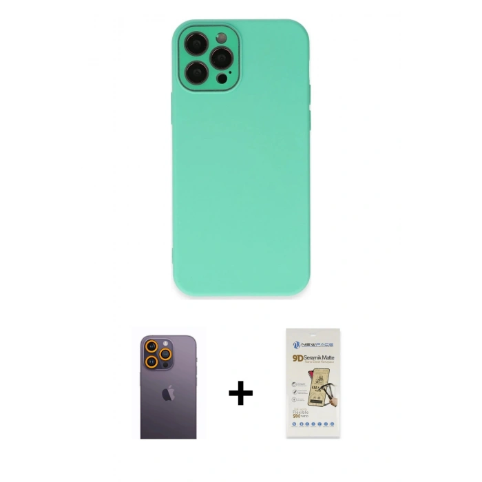MARSİLYAN™- iPhone 12 Pro Max Kılıf Çekirdek Modern Serisi - Siyah Mat Seramik Nano Ekran Koruyucu + Neon Fosforlu Kamera Lens - SI
