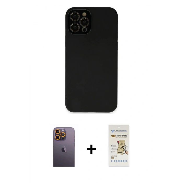 MARSİLYAN™- iPhone 12 Pro Max Kılıf Çekirdek Modern Serisi - Siyah Mat Seramik Nano Ekran Koruyucu + Neon Fosforlu Kamera Lens - SI