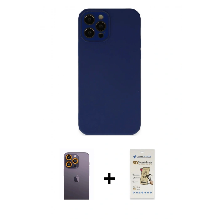 MARSİLYAN™- iPhone 12 Pro Max Kılıf Çekirdek Modern Serisi - Siyah Mat Seramik Nano Ekran Koruyucu + Neon Fosforlu Kamera Lens - SI