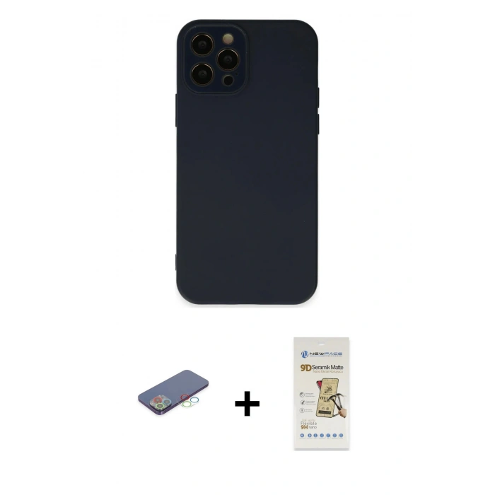 MARSİLYAN™- iPhone 12 Pro Max Kılıf Çekirdek Modern Serisi - Siyah Mat Seramik Nano Ekran Koruyucu + Renkli Kamera Lens Koruma Cam - MI