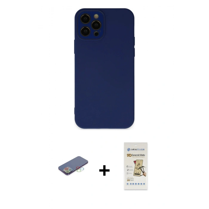 MARSİLYAN™- iPhone 12 Pro Max Kılıf Çekirdek Modern Serisi - Siyah Mat Seramik Nano Ekran Koruyucu + Renkli Kamera Lens Koruma Cam - MI