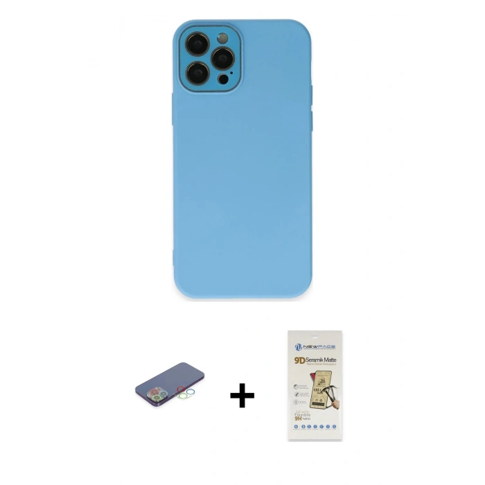 MARSİLYAN™- iPhone 12 Pro Max Kılıf Çekirdek Modern Serisi - Siyah Mat Seramik Nano Ekran Koruyucu + Renkli Kamera Lens Koruma Cam - MI