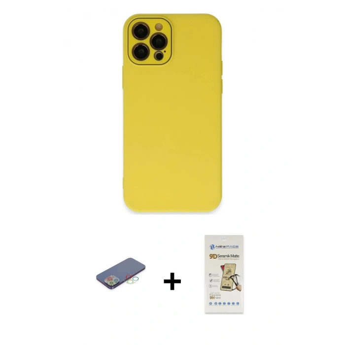 MARSİLYAN™- iPhone 12 Pro Max Kılıf Çekirdek Modern Serisi - Siyah Mat Seramik Nano Ekran Koruyucu + Renkli Kamera Lens Koruma Cam - MI
