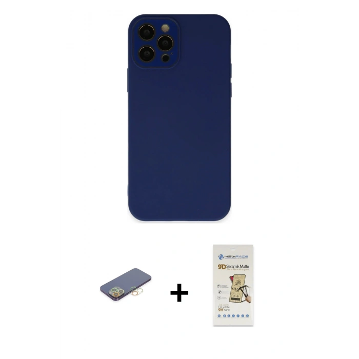 MARSİLYAN™- iPhone 12 Pro Max Kılıf Çekirdek Modern Serisi - Siyah Mat Seramik Nano Ekran Koruyucu + Renkli Kamera Lens Koruma Cam - SI