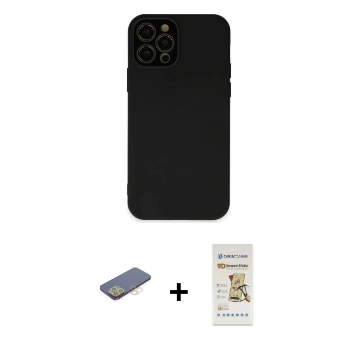 MARSİLYAN™- iPhone 12 Pro Max Kılıf Çekirdek Modern Serisi - Siyah Mat Seramik Nano Ekran Koruyucu + Renkli Kamera Lens Koruma Cam - SI