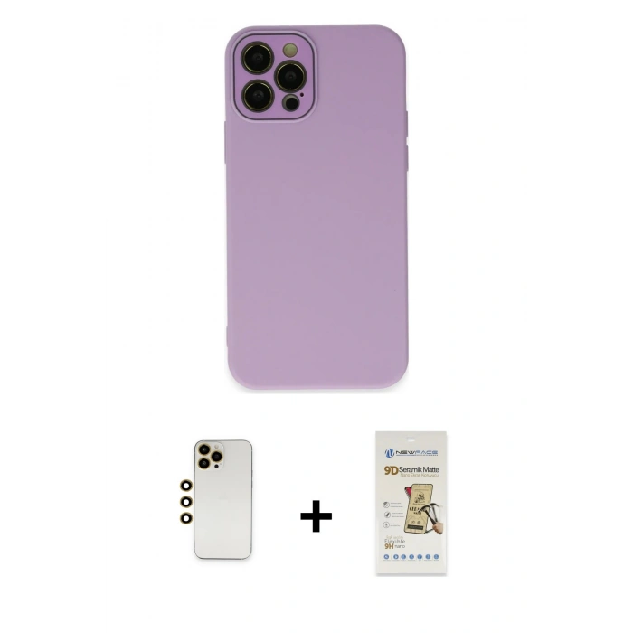 MARSİLYAN™- iPhone 12 Pro Max Kılıf Çekirdek Modern Serisi - Siyah Mat Seramik Nano Ekran Koruyucu + Shine Kamera Lens - GD