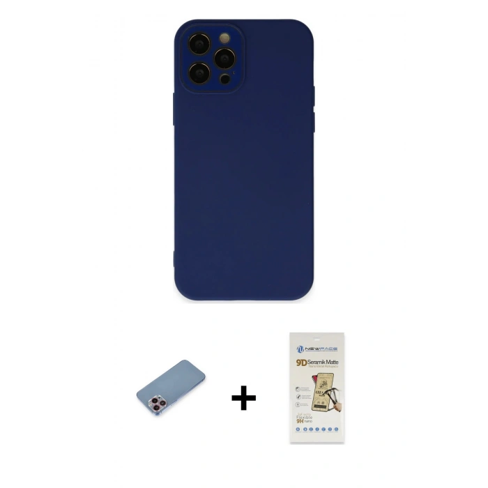 MARSİLYAN™- iPhone 12 Pro Max Kılıf Çekirdek Modern Serisi - Siyah Mat Seramik Nano Ekran Koruyucu + Shine Kamera Lens Koruma Cam - PE