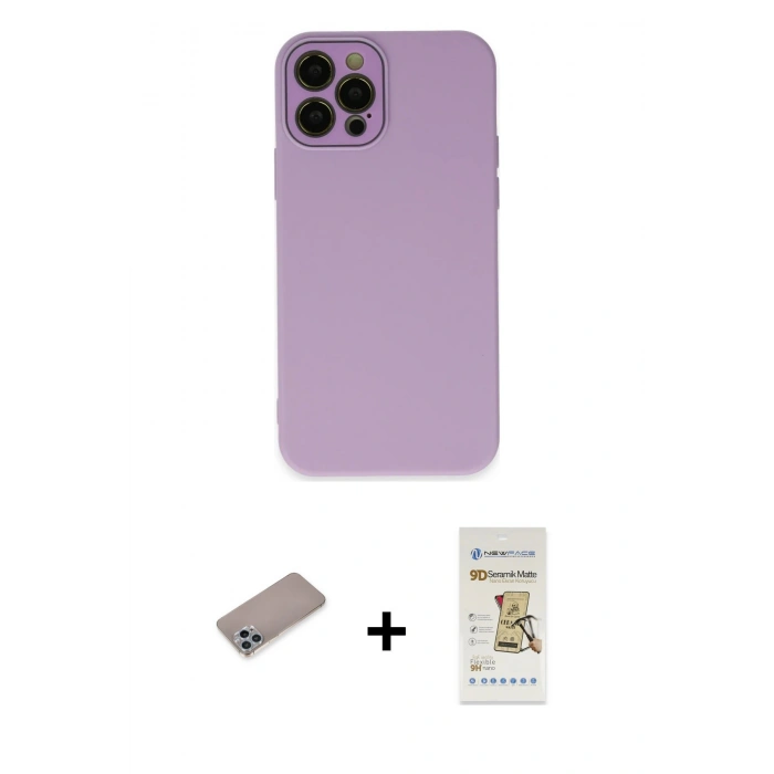 MARSİLYAN™- iPhone 12 Pro Max Kılıf Çekirdek Modern Serisi - Siyah Mat Seramik Nano Ekran Koruyucu + Shine Kamera Lens Koruma Cam - SABE