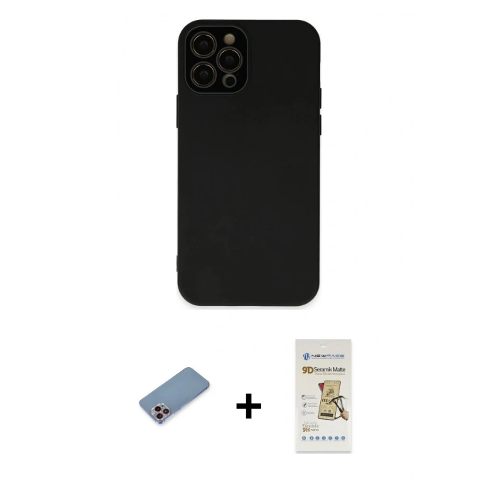 MARSİLYAN™- iPhone 12 Pro Max Kılıf Çekirdek Modern Serisi - Siyah Mat Seramik Nano Ekran Koruyucu + Shine Kamera Lens Koruma Cam - PE