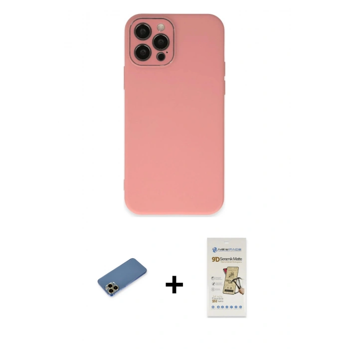 MARSİLYAN™- iPhone 12 Pro Max Kılıf Çekirdek Modern Serisi - Siyah Mat Seramik Nano Ekran Koruyucu + Shine Kamera Lens Koruma Cam - GD