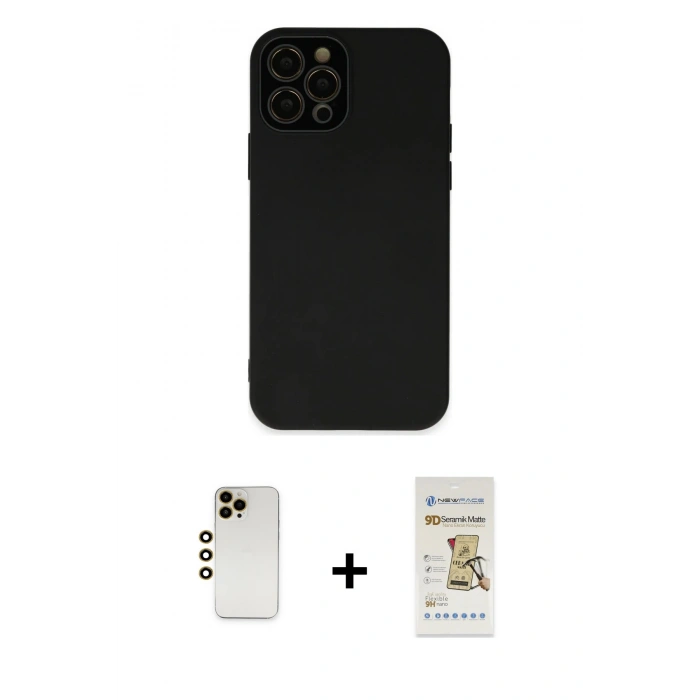 MARSİLYAN™- iPhone 12 Pro Max Kılıf Çekirdek Modern Serisi - Siyah Mat Seramik Nano Ekran Koruyucu + Shine Kamera Lens - GD