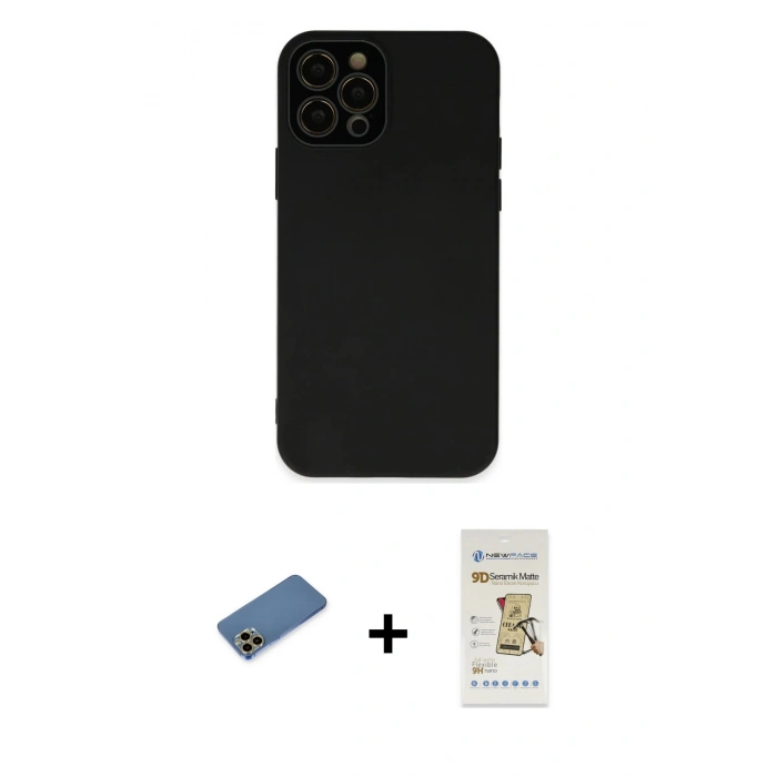 MARSİLYAN™- iPhone 12 Pro Max Kılıf Çekirdek Modern Serisi - Siyah Mat Seramik Nano Ekran Koruyucu + Shine Kamera Lens Koruma Cam - GD