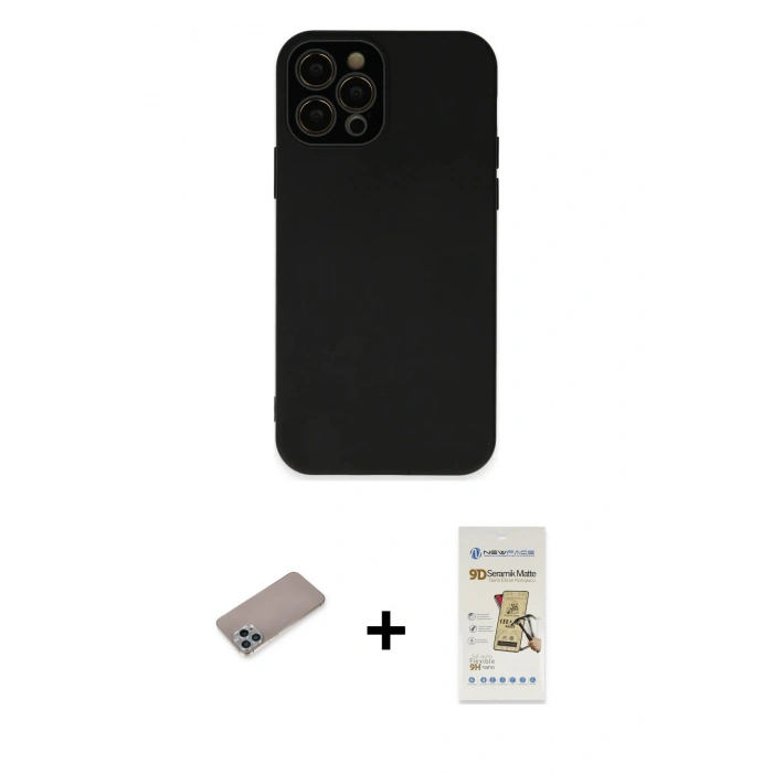 MARSİLYAN™- iPhone 12 Pro Max Kılıf Çekirdek Modern Serisi - Siyah Mat Seramik Nano Ekran Koruyucu + Shine Kamera Lens Koruma Cam - SABE