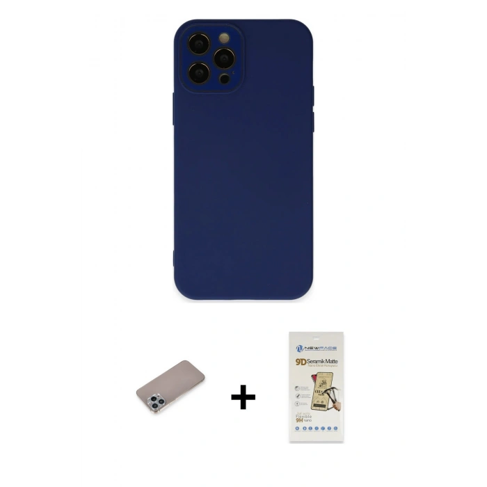 MARSİLYAN™- iPhone 12 Pro Max Kılıf Çekirdek Modern Serisi - Siyah Mat Seramik Nano Ekran Koruyucu + Shine Kamera Lens Koruma Cam - SABE
