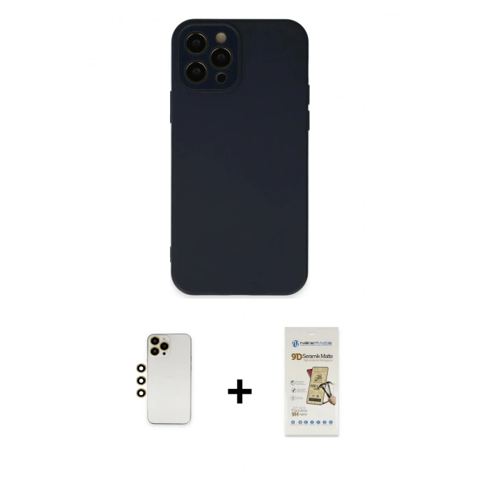 MARSİLYAN™- iPhone 12 Pro Max Kılıf Çekirdek Modern Serisi - Siyah Mat Seramik Nano Ekran Koruyucu + Shine Kamera Lens - GD