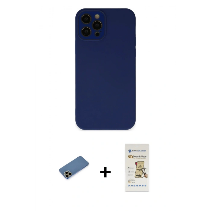 MARSİLYAN™- iPhone 12 Pro Max Kılıf Çekirdek Modern Serisi - Siyah Mat Seramik Nano Ekran Koruyucu + Shine Kamera Lens Koruma Cam - GD