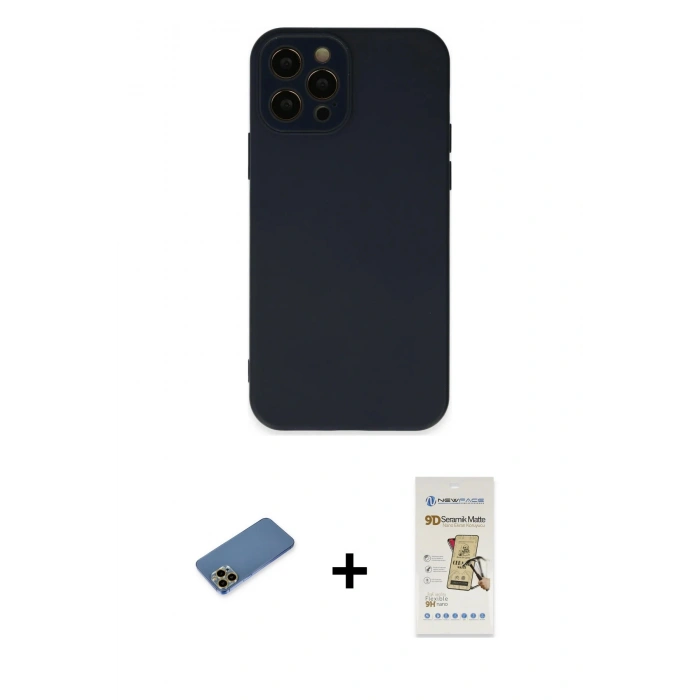 MARSİLYAN™- iPhone 12 Pro Max Kılıf Çekirdek Modern Serisi - Siyah Mat Seramik Nano Ekran Koruyucu + Shine Kamera Lens Koruma Cam - GD