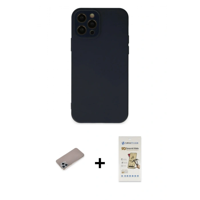 MARSİLYAN™- iPhone 12 Pro Max Kılıf Çekirdek Modern Serisi - Siyah Mat Seramik Nano Ekran Koruyucu + Shine Kamera Lens Koruma Cam - SABE