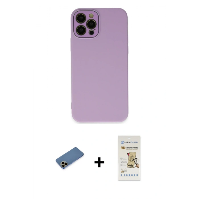 MARSİLYAN™- iPhone 12 Pro Max Kılıf Çekirdek Modern Serisi - Siyah Mat Seramik Nano Ekran Koruyucu + Shine Kamera Lens Koruma Cam - GD