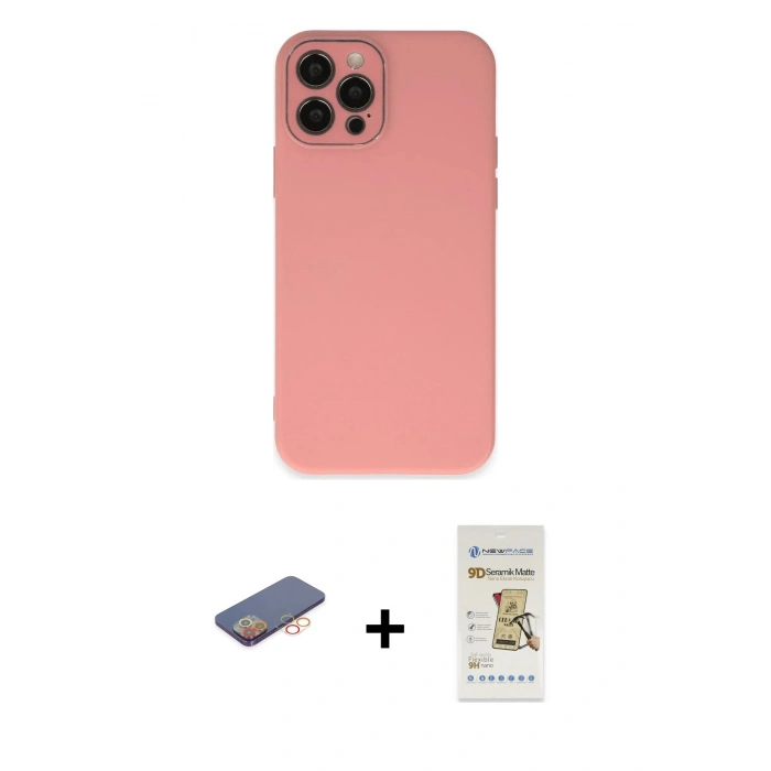 MARSİLYAN™- iPhone 12 Pro Max Kılıf Çekirdek Modern Serisi - Siyah Mat Seramik Nano Ekran Koruyucu + Renkli Kamera Lens Koruma Cam - TU