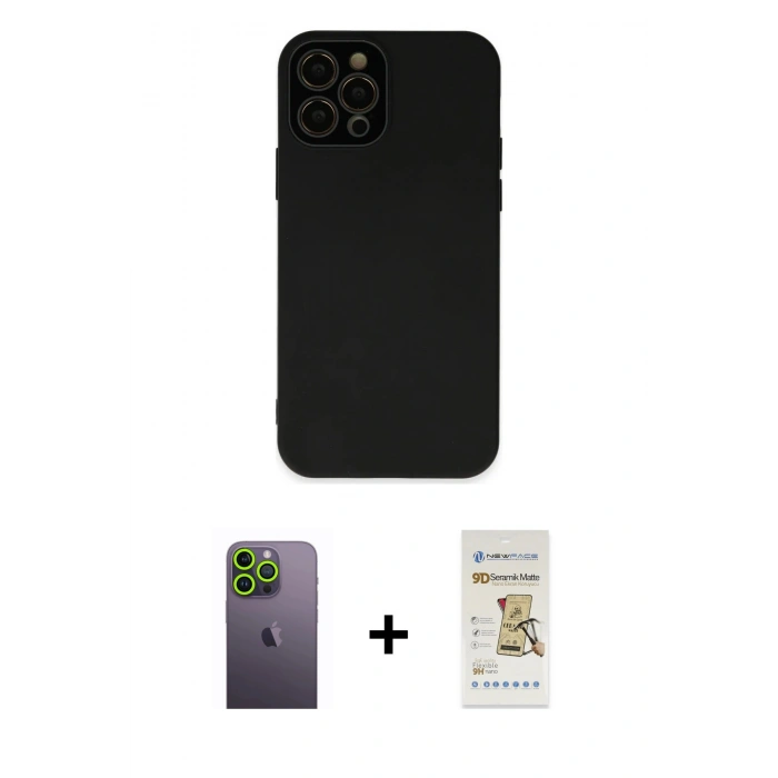 MARSİLYAN™- iPhone 12 Pro Max Kılıf Çekirdek Modern Serisi - Siyah Mat Seramik Nano Ekran Koruyucu + Neon Fosforlu Kamera Lens - YL