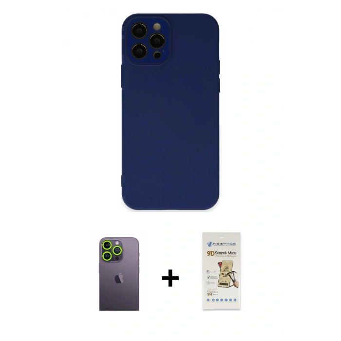 MARSİLYAN™- iPhone 12 Pro Max Kılıf Çekirdek Modern Serisi - Siyah Mat Seramik Nano Ekran Koruyucu + Neon Fosforlu Kamera Lens - YL
