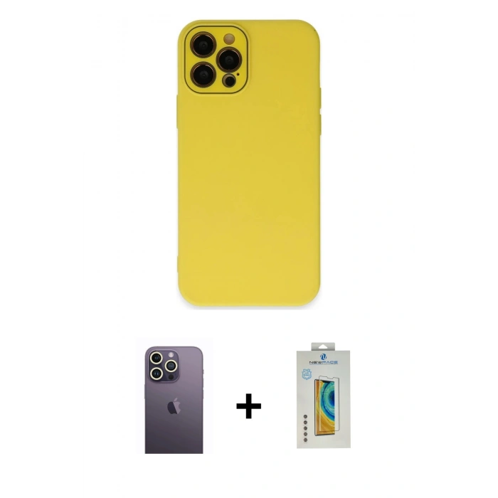 MARSİLYAN™- iPhone 12 Pro Max Kılıf Çekirdek Modern Serisi - Siyah Polymer Nano Ekran Koruyucu + Neon Fosforlu Kamera Lens - BZ