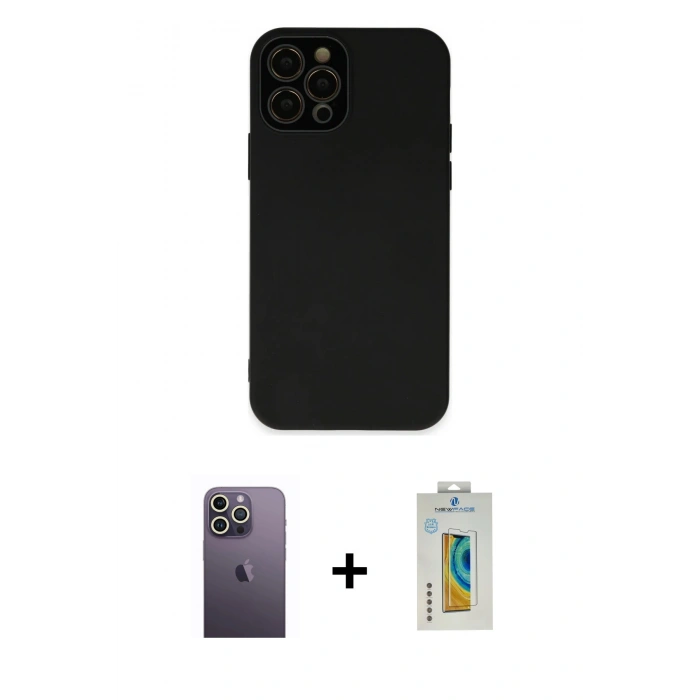 MARSİLYAN™- iPhone 12 Pro Max Kılıf Çekirdek Modern Serisi - Siyah Polymer Nano Ekran Koruyucu + Neon Fosforlu Kamera Lens - BZ