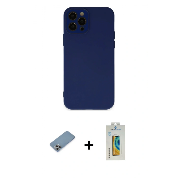 MARSİLYAN™- iPhone 12 Pro Max Kılıf Çekirdek Modern Serisi - Siyah Polymer Nano Ekran Koruyucu + Gökkuşağı Shine Kamera Lens Koruma Cam