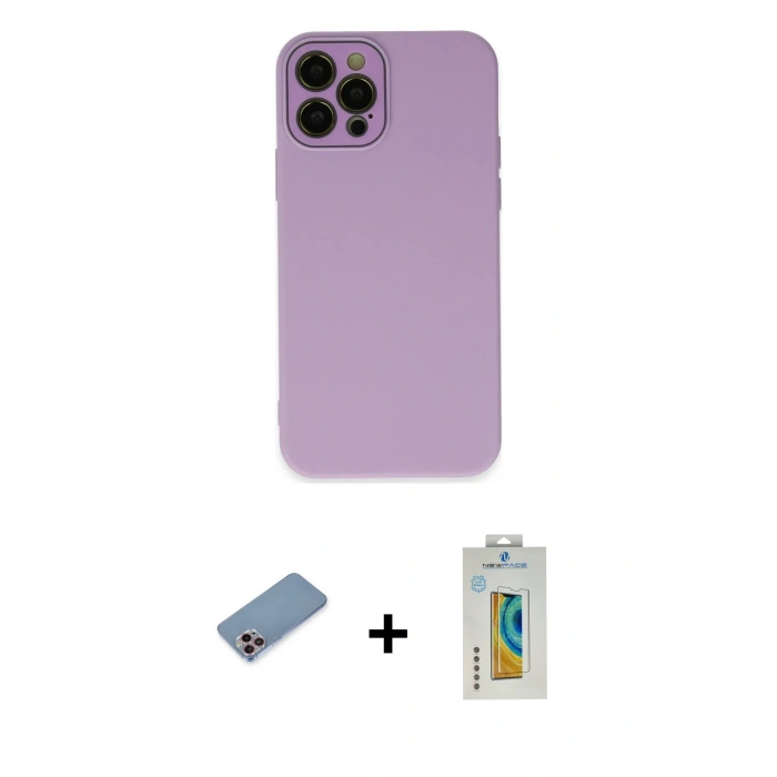 MARSİLYAN™- iPhone 12 Pro Max Kılıf Çekirdek Modern Serisi - Siyah Polymer Nano Ekran Koruyucu + Shine Kamera Lens Koruma Cam - PE