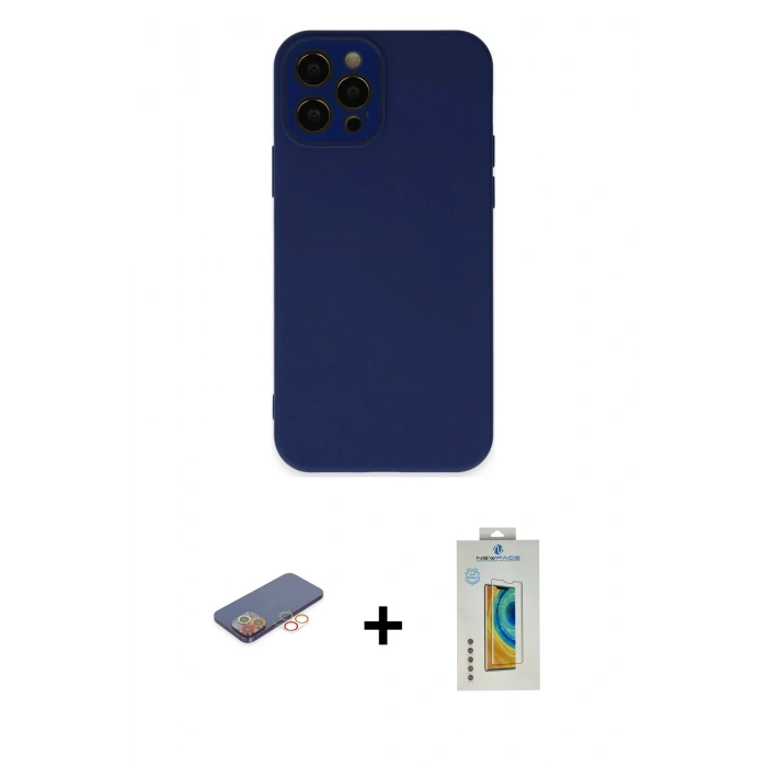 MARSİLYAN™- iPhone 12 Pro Max Kılıf Çekirdek Modern Serisi - Siyah Polymer Nano Ekran Koruyucu + Renkli Kamera Lens Koruma Cam - TU