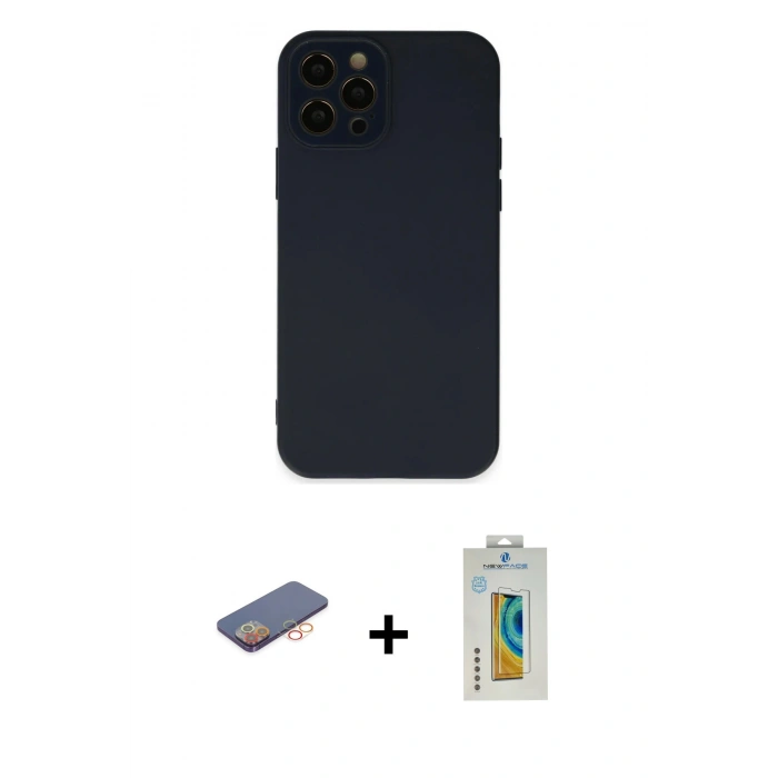 MARSİLYAN™- iPhone 12 Pro Max Kılıf Çekirdek Modern Serisi - Siyah Polymer Nano Ekran Koruyucu + Renkli Kamera Lens Koruma Cam - TU