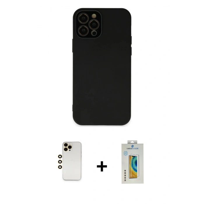 MARSİLYAN™- iPhone 12 Pro Max Kılıf Çekirdek Modern Serisi - Siyah Polymer Nano Ekran Koruyucu + Shine Kamera Lens - GD