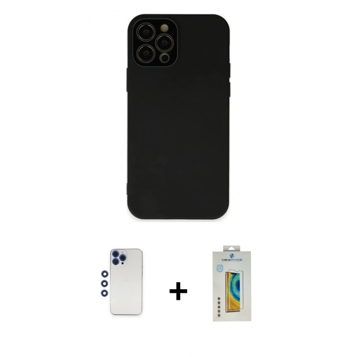MARSİLYAN™- iPhone 12 Pro Max Kılıf Çekirdek Modern Serisi - Siyah Polymer Nano Ekran Koruyucu + Shine Kamera Lens - LT