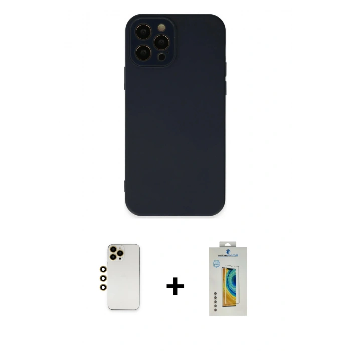 MARSİLYAN™- iPhone 12 Pro Max Kılıf Çekirdek Modern Serisi - Siyah Polymer Nano Ekran Koruyucu + Shine Kamera Lens - GD