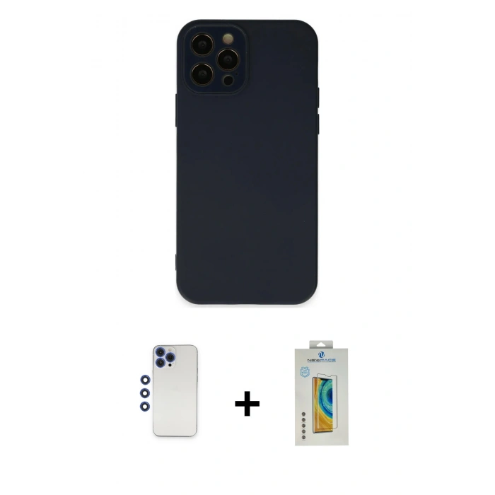 MARSİLYAN™- iPhone 12 Pro Max Kılıf Çekirdek Modern Serisi - Siyah Polymer Nano Ekran Koruyucu + Shine Kamera Lens - LT