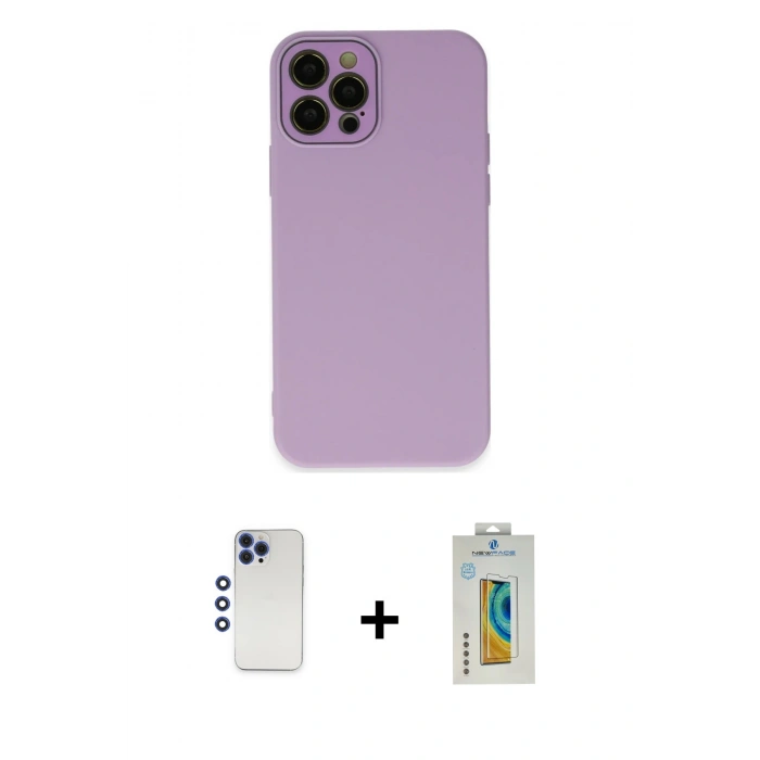 MARSİLYAN™- iPhone 12 Pro Max Kılıf Çekirdek Modern Serisi - Siyah Polymer Nano Ekran Koruyucu + Shine Kamera Lens - LT