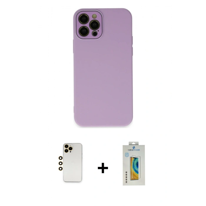 MARSİLYAN™- iPhone 12 Pro Max Kılıf Çekirdek Modern Serisi - Siyah Polymer Nano Ekran Koruyucu + Shine Kamera Lens - GD