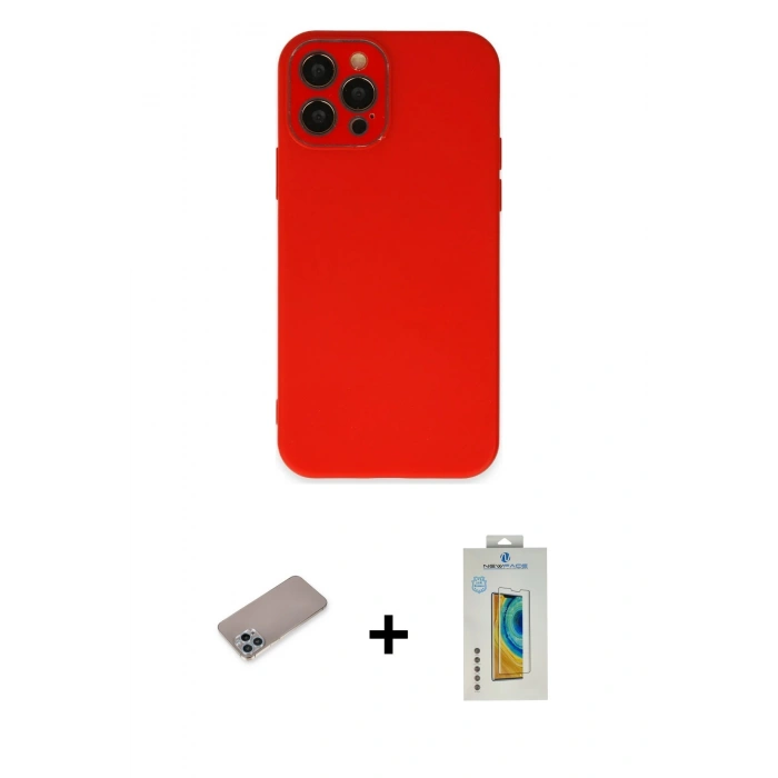 MARSİLYAN™- iPhone 12 Pro Max Kılıf Çekirdek Modern Serisi - Siyah Polymer Nano Ekran Koruyucu + Sierra Blue Shine Kamera Lens Koruma Cam