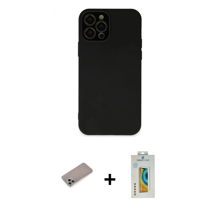 MARSİLYAN™- iPhone 12 Pro Max Kılıf Çekirdek Modern Serisi - Siyah Polymer Nano Ekran Koruyucu + Sierra Blue Shine Kamera Lens Koruma Cam