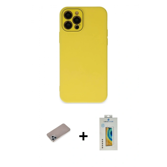 MARSİLYAN™- iPhone 12 Pro Max Kılıf Çekirdek Modern Serisi - Siyah Polymer Nano Ekran Koruyucu + Sierra Blue Shine Kamera Lens Koruma Cam