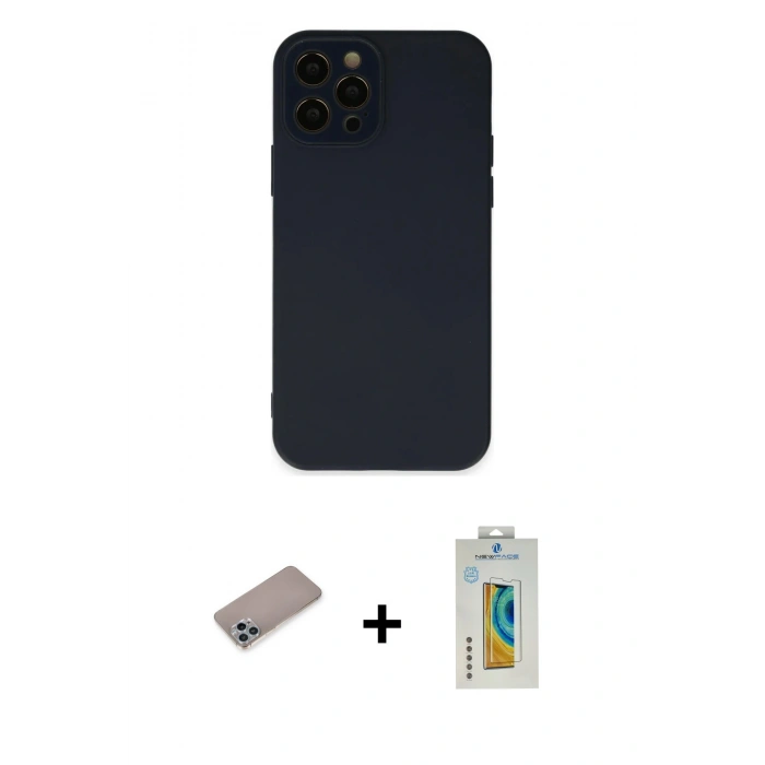MARSİLYAN™- iPhone 12 Pro Max Kılıf Çekirdek Modern Serisi - Siyah Polymer Nano Ekran Koruyucu + Sierra Blue Shine Kamera Lens Koruma Cam